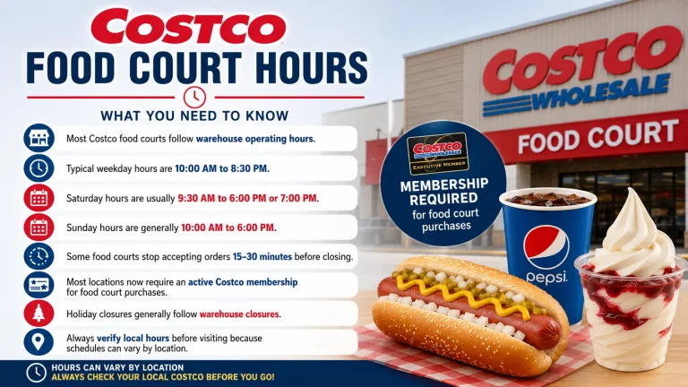 ostco Food Court Hours sign showing opening and closing times for weekdays and weekends