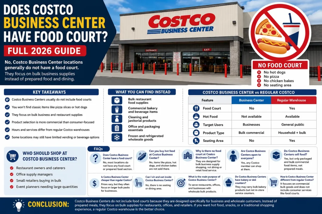 Does Costco Business Center Have Food Court inside warehouse store concept showing Costco bulk shopping and absence of food court services for business members.