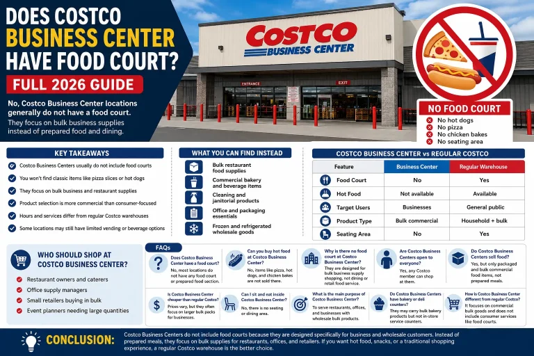 Does Costco Business Center Have Food Court inside warehouse store concept showing Costco bulk shopping and absence of food court services for business members.